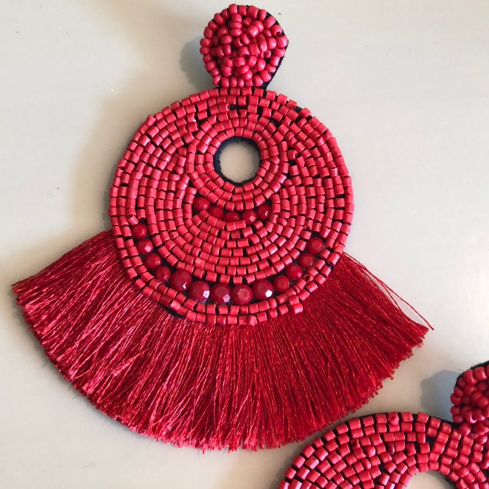 Seed Bead Open Circle Fan Drop-Post Earrings NWOT - Picture 7 of 8